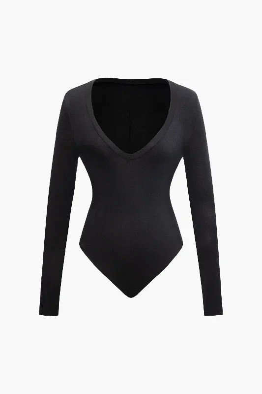 Basic Solid V-neck Long Sleeve Bodysuit