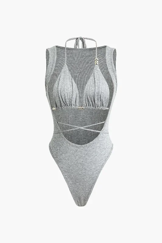 Cut Out Ruched Tie Halter Bodysuit