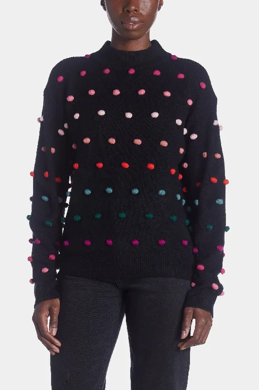 Mock Neck Sweater With Rainbow Pompoms