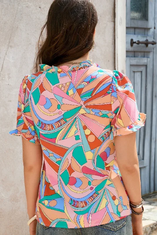 multicolor-abstract-geometry-print-frilled-v-neck-blouse