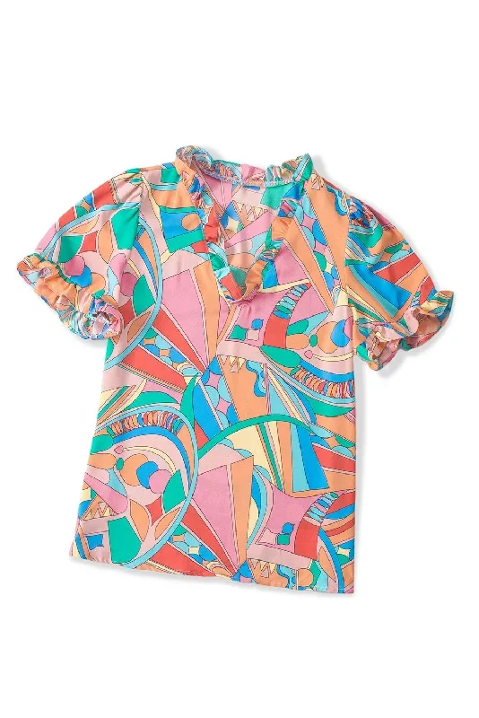 multicolor-abstract-geometry-print-frilled-v-neck-blouse