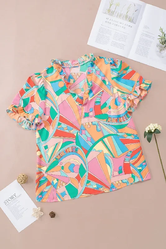 multicolor-abstract-geometry-print-frilled-v-neck-blouse