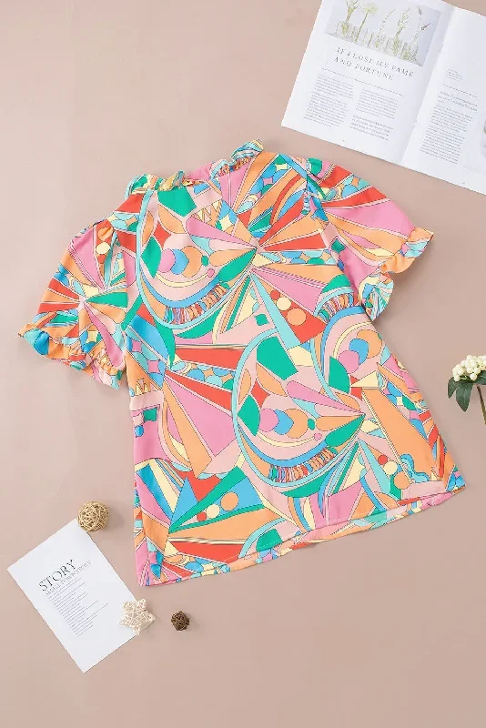 multicolor-abstract-geometry-print-frilled-v-neck-blouse