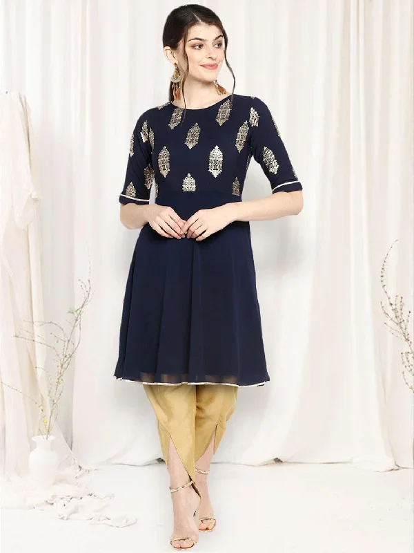 Navy Blue Poly Crepe Kurta With Dhoti Pant