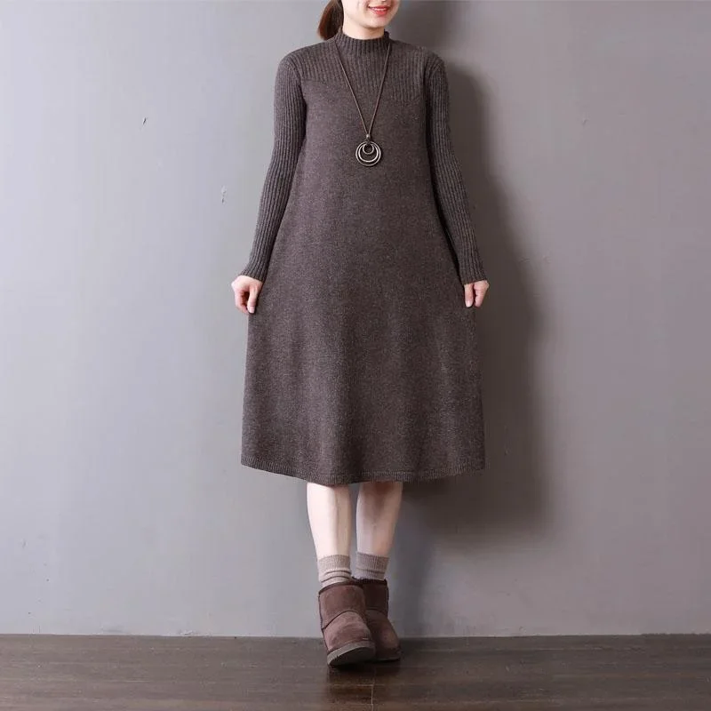 New chocolate knit dresses oversize high neck spring dresses baggy long knit sweaters