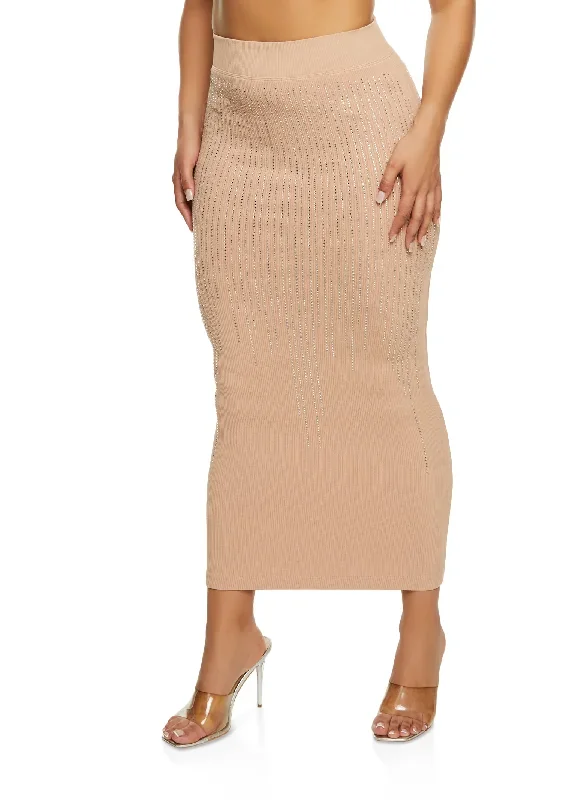 Ribbed Rhinestone High Waist Maxi Skirt