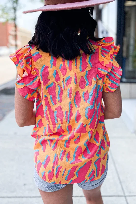 orange-abstract-print-v-neck-ruffled-sleeve-blouse