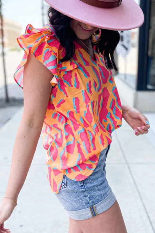 orange-abstract-print-v-neck-ruffled-sleeve-blouse