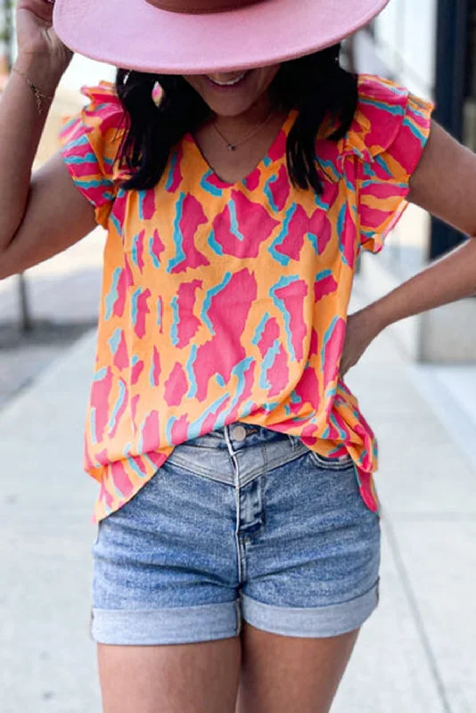 orange-abstract-print-v-neck-ruffled-sleeve-blouse