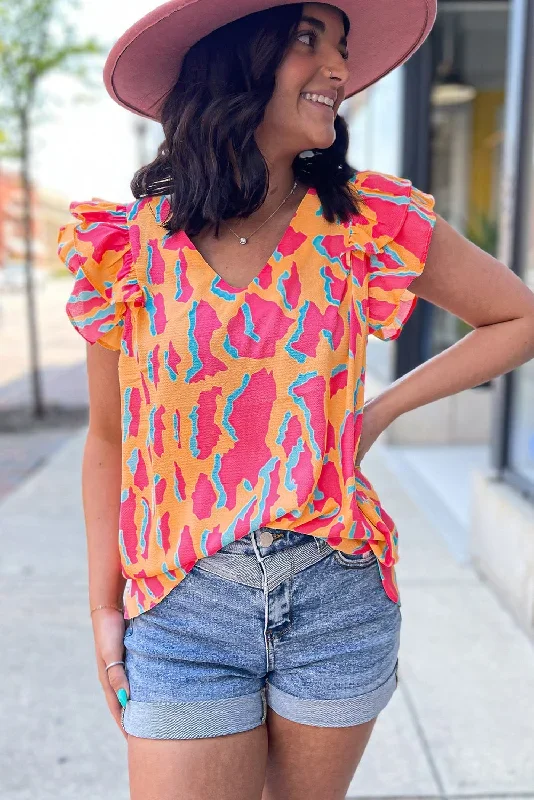 orange-abstract-print-v-neck-ruffled-sleeve-blouse