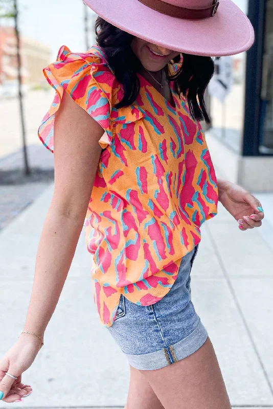 orange-abstract-print-v-neck-ruffled-sleeve-blouse