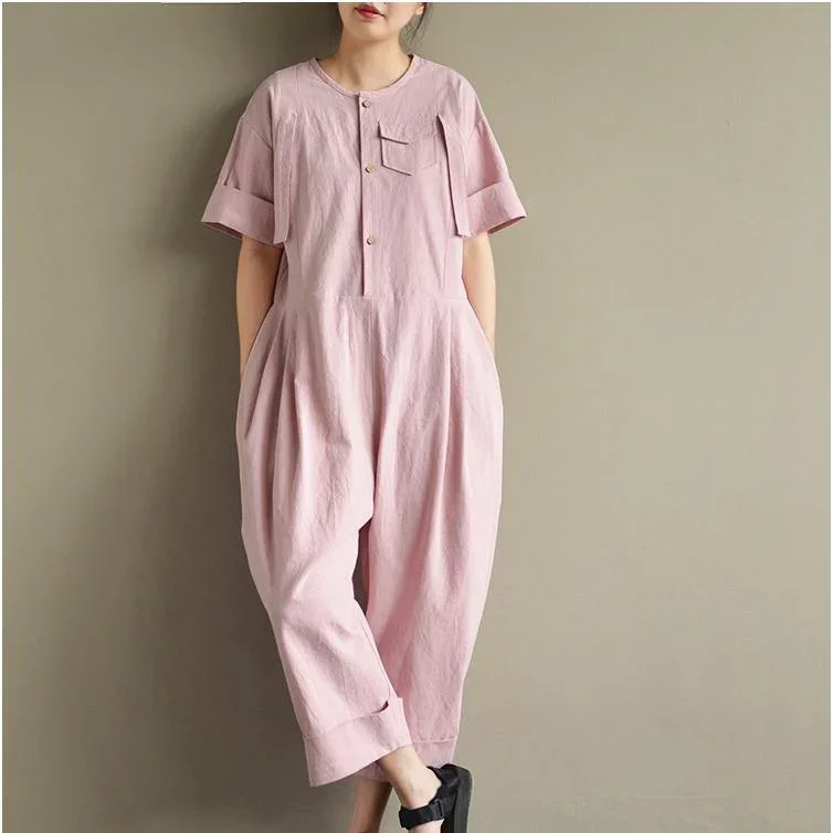 original design pink casual linen short sleeve crop jumpsuit pants