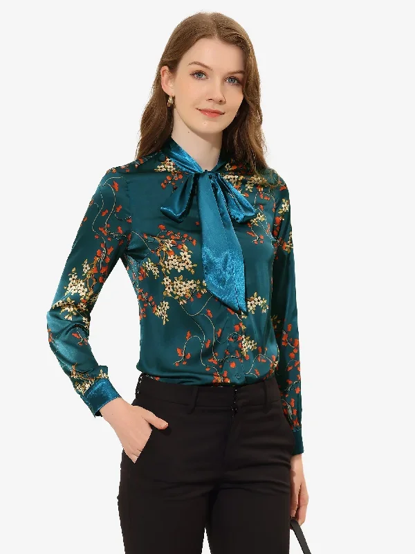 Satin Floral Elegant Office Long Sleeve Contrast Tie Neck Blouse