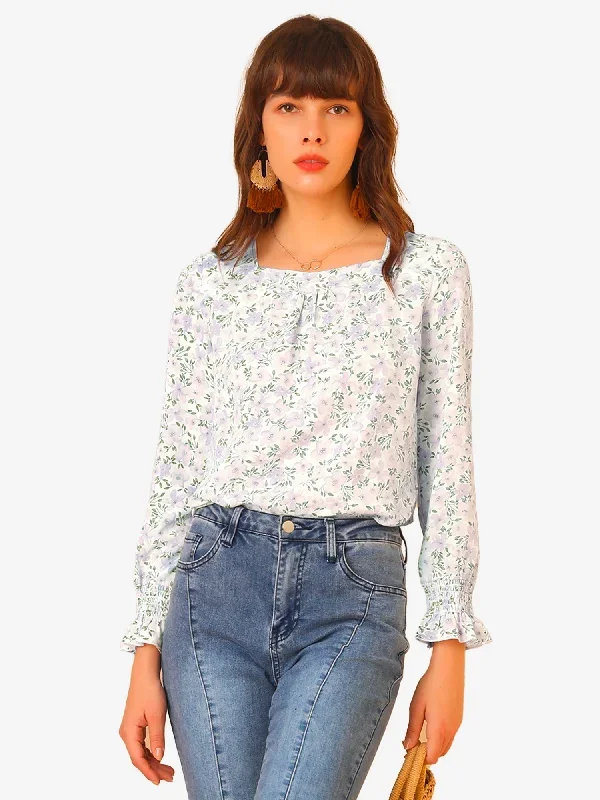 Floral Blouse Square Neck Ruffled Long Sleeve Chiffon Peasant Top