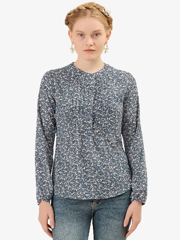 Casual Pleated Front Half Placket Long Sleeve Floral Peasant Blouse