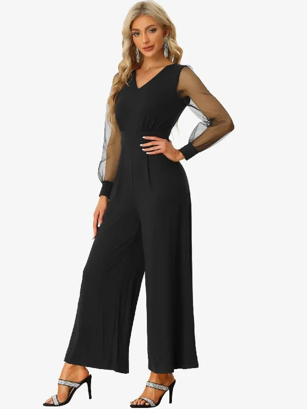 Elegant V Neck Mesh Long Sleeve Loose Wide Leg Romper Party Jumpsuits