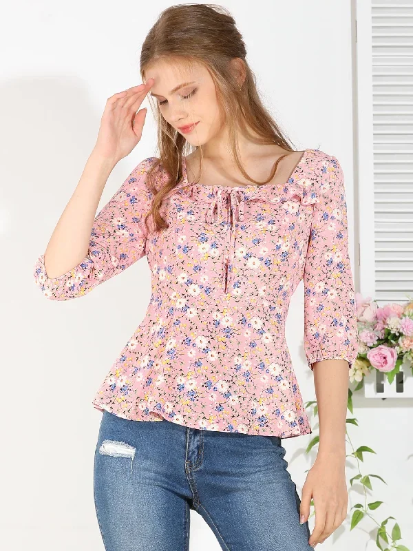 Floral Print Ruffle Hem Tie Blouse Square Neck Vintage Top