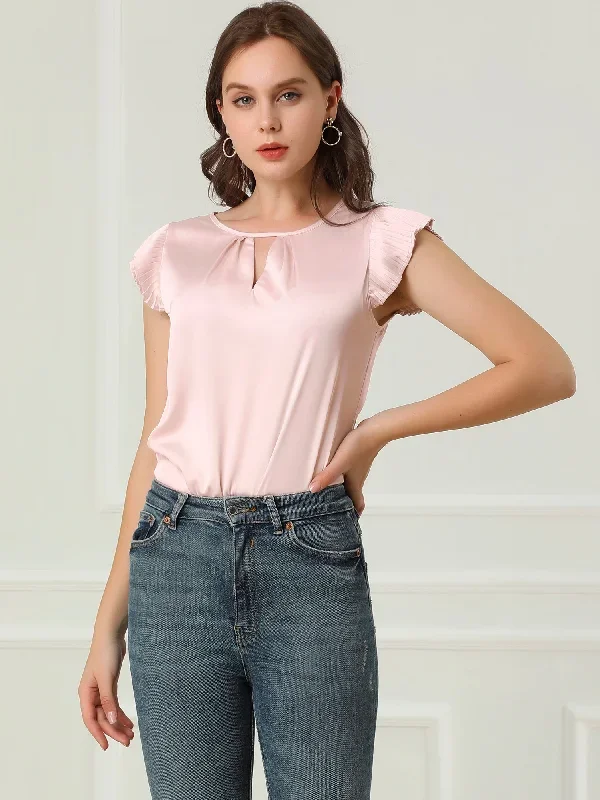 Satin Work Office Top Cut Out Keyhole Back Pleated Cap Sleeve Blouse