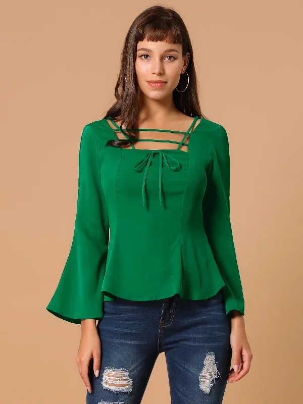 Square Neck Bell Sleeve Chiffon Criss Cross Peplum Top