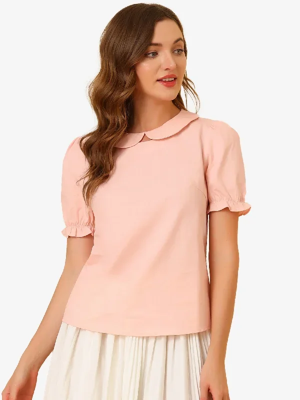 Cotton Retro Short Sleeve Peter Pan Collar Blouse Tops