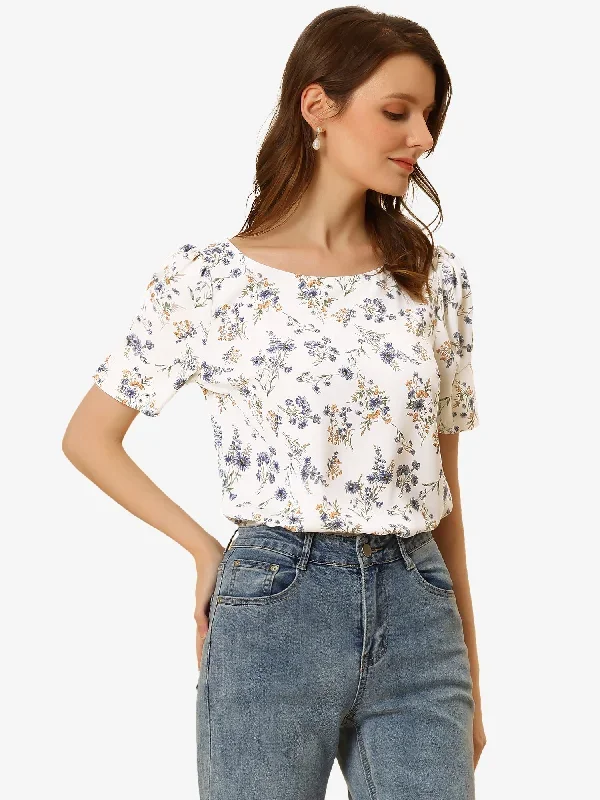 Floral Blouse Round Neck Short Sleeve Summer Top