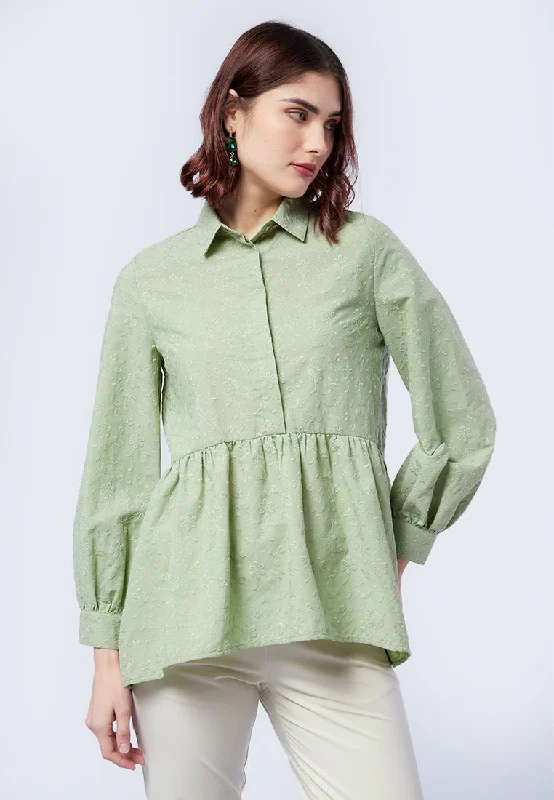 Peplum Eyelet Long Sleeve Blouse