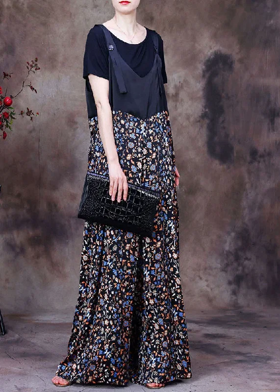 plus-size-black-patchwork-print-pockets-silk-overalls-jumpsuit-two-pieces-set-summer