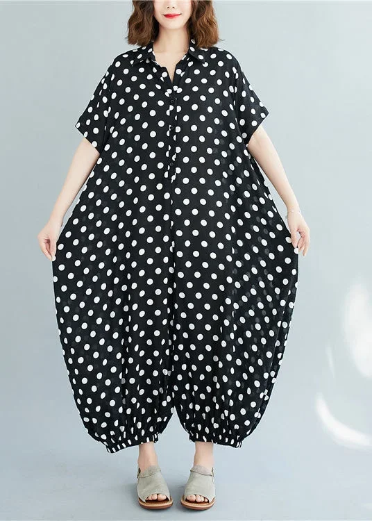 Plus Size Black Peter Pan Collar button dot Print Jumpsuit Short Sleeve