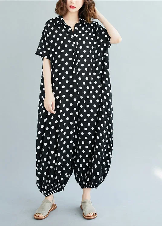 plus-size-black-peter-pan-collar-button-dot-print-jumpsuit-short-sleeve