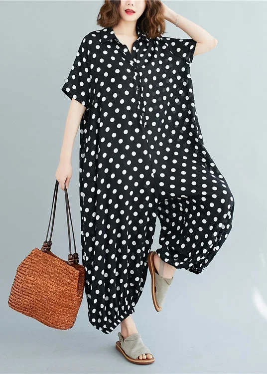 plus-size-black-peter-pan-collar-button-dot-print-jumpsuit-short-sleeve