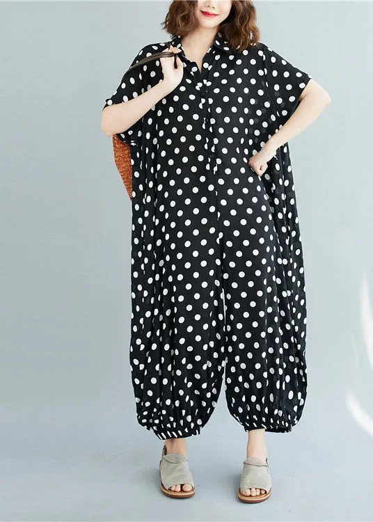 plus-size-black-peter-pan-collar-button-dot-print-jumpsuit-short-sleeve