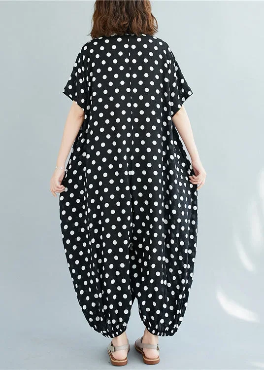 plus-size-black-peter-pan-collar-button-dot-print-jumpsuit-short-sleeve