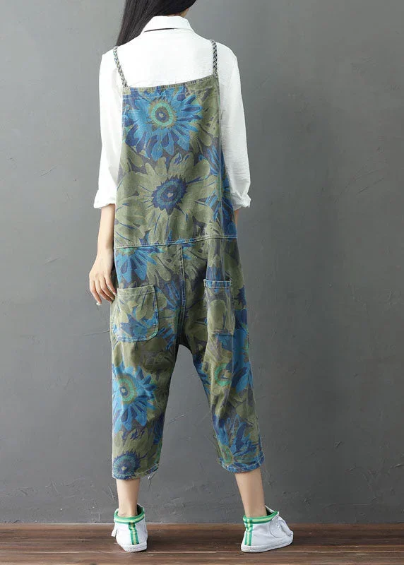 plus-size-green-print-cotton-denim-jumpsuit-ripped-jeans-spring