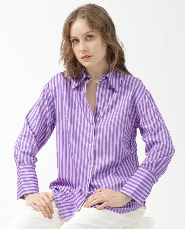 Rareism Women'S Runio Dusky Purple Polyester Fabric Full Sleeves Button Closure Shirt Collar Cuffed Sleeve Regular Fit Striped Shirt