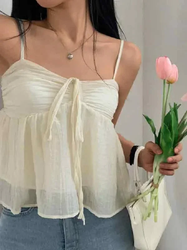 Solid Color Pleated Lace Up Cami Top