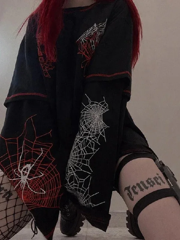 Spider Web Print Stitch Detail Oversized Long Sleeve Tee