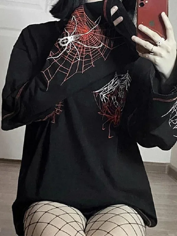 spider-web-print-stitch-detail-oversized-long-sleeve-tee