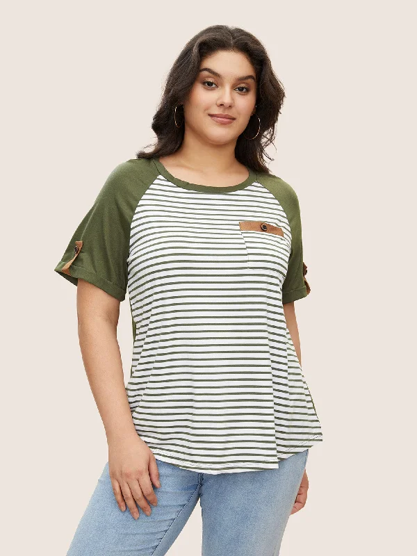 Striped Contrast Patched Pocket Roll Raglan Sleeve T-shirt