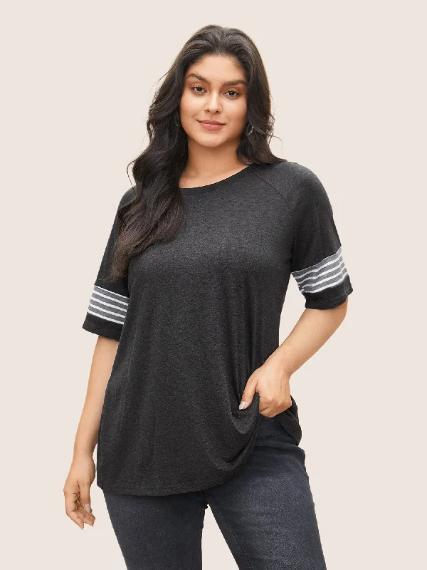 Striped Contrast Raglan Sleeve Crew Neck T-shirt