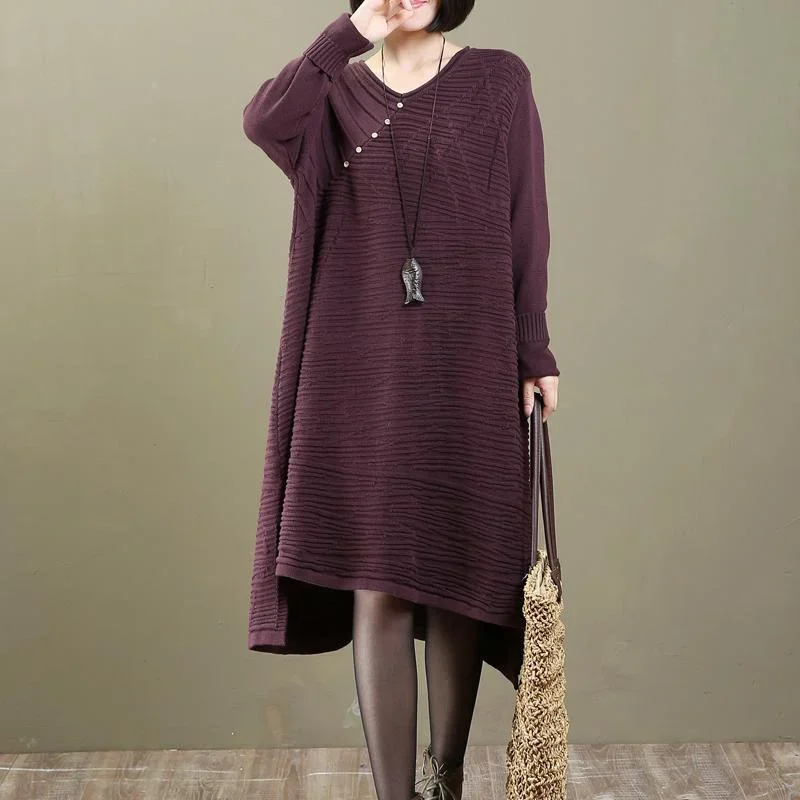 stylish purple knit dresses Loose fitting pullover Elegant asymmetrical long knit sweaters