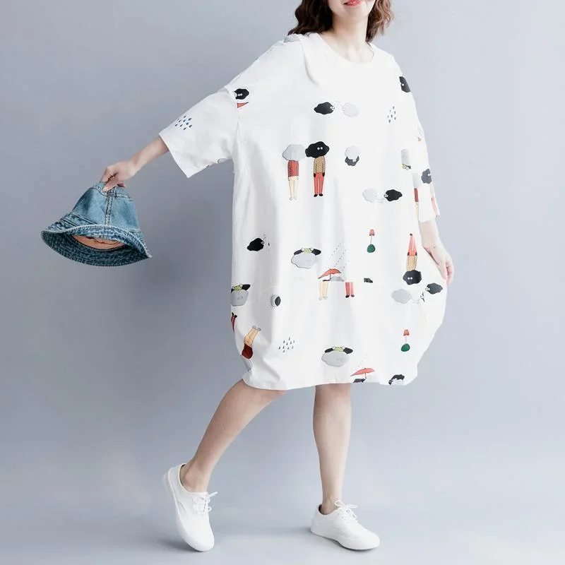 stylish white chiffon knee dress plus size traveling clothing Elegant half sleeve baggy dresses O neck print chiffon clothing dresses