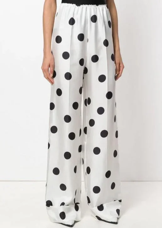 Summer White Dotted Casual Trousers Elastic Waist Women Wide Leg Pants