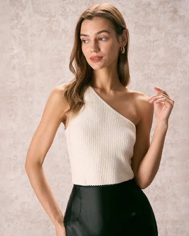 The Beige One Shoulder Ribbed Knit Tank Top