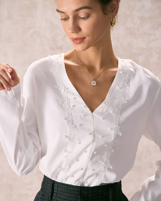 The White V Neck Lace Trim Pearls Blouse