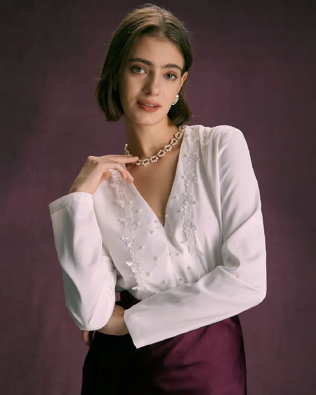 the-white-v-neck-lace-trim-pearls-blouse