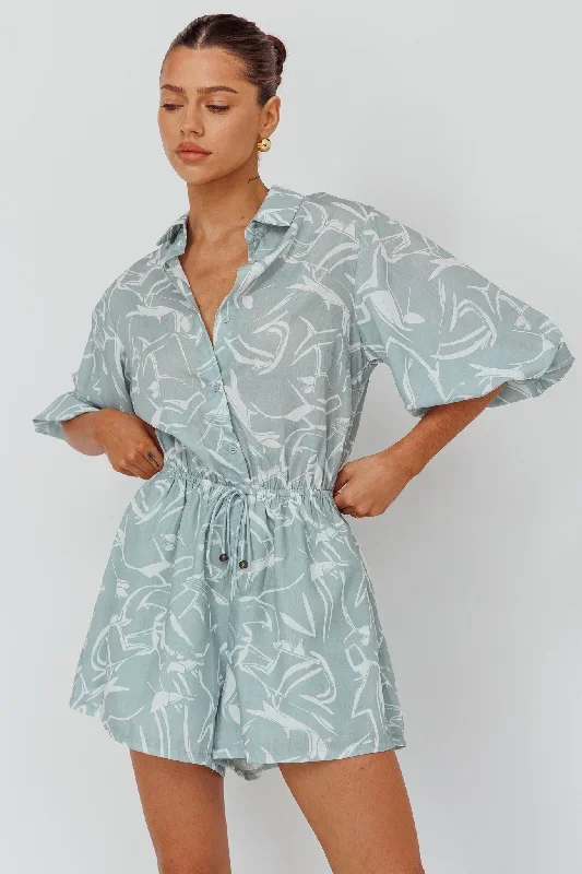 Tiki Puff Sleeve Drawstring Romper Print Sage