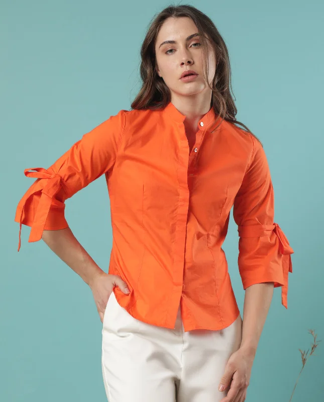 Rareism Women'S Tips Orange Cotton Fabric 3/4Th Sleeves Button Closure Mandarin Collar Regular Fit Plain Top