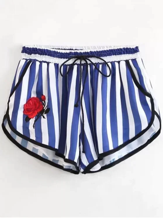 trendy-stripes-floral-embroidered-drawstring-shorts