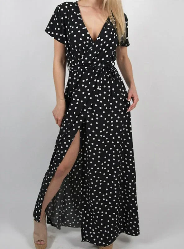 2024 V Neck Short Sleeve Beach Sundress Casual Dot Print Long Dress