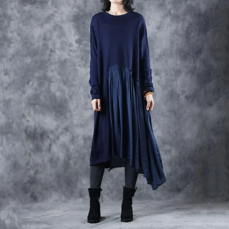 warm blue sweater dresses plus size clothing o neck wrinkled pullover sweater Elegant patchwork winter dresses